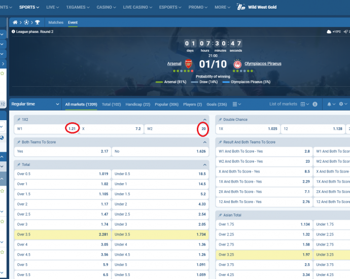 Arsenal VS Olympiacos Piraeus koeficeintët në 1xbet 01.10.2025