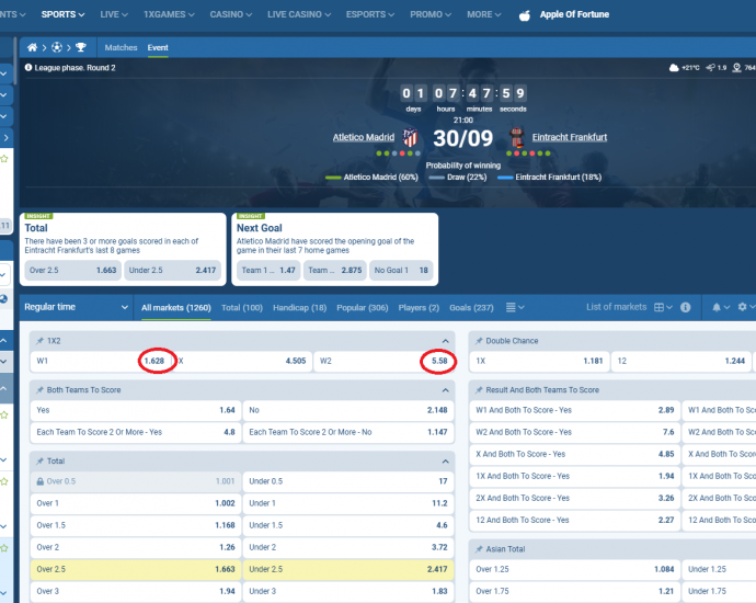 Atletico Madrid VS Eintracht Frankfurt koeficientët në 1xbet 30.09.2025