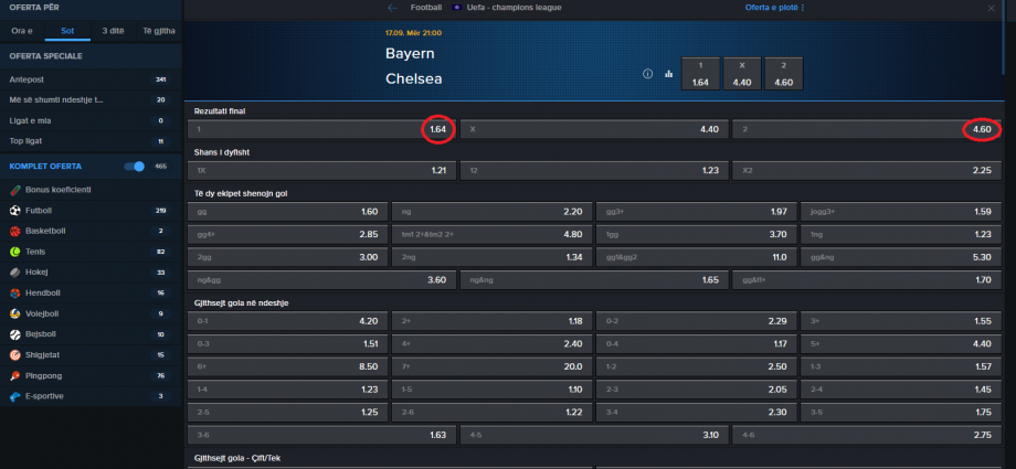 Bayern Munich VS Chelsea koeficientët në Mozzartbet 17.09.2025