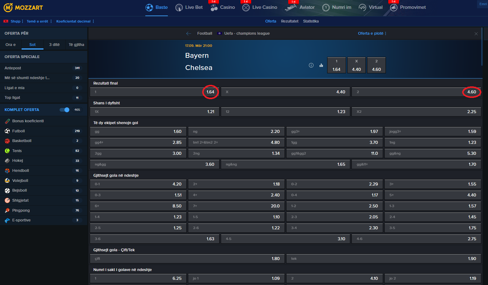 Bayern Munich VS Chelsea koeficientët në Mozzartbet 17.09.2025