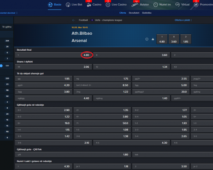 Ath Blibao VS Arsenal koeficientët në Mozzartbet 16.09.2025