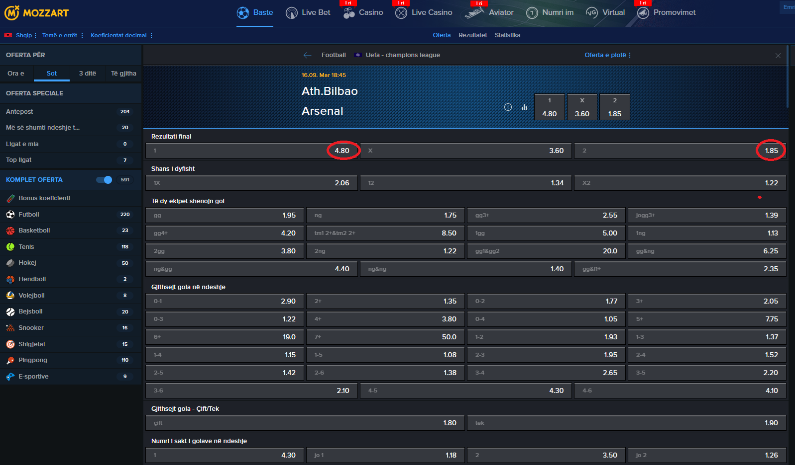 Ath Blibao VS Arsenal koeficientët në Mozzartbet 16.09.2025