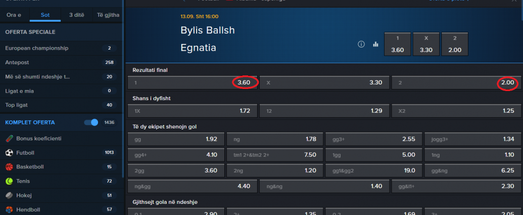 Bylis VS Egnatia koeficientët në Mozzartbet 13.09.2025