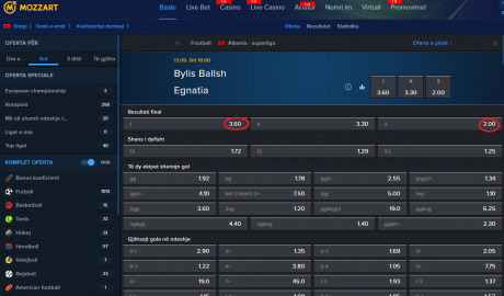Bylis VS Egnatia koeficientët në Mozzartbet 13.09.2025