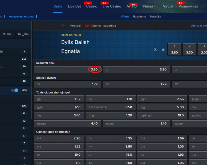 Bylis VS Egnatia koeficientët në Mozzartbet 13.09.2025