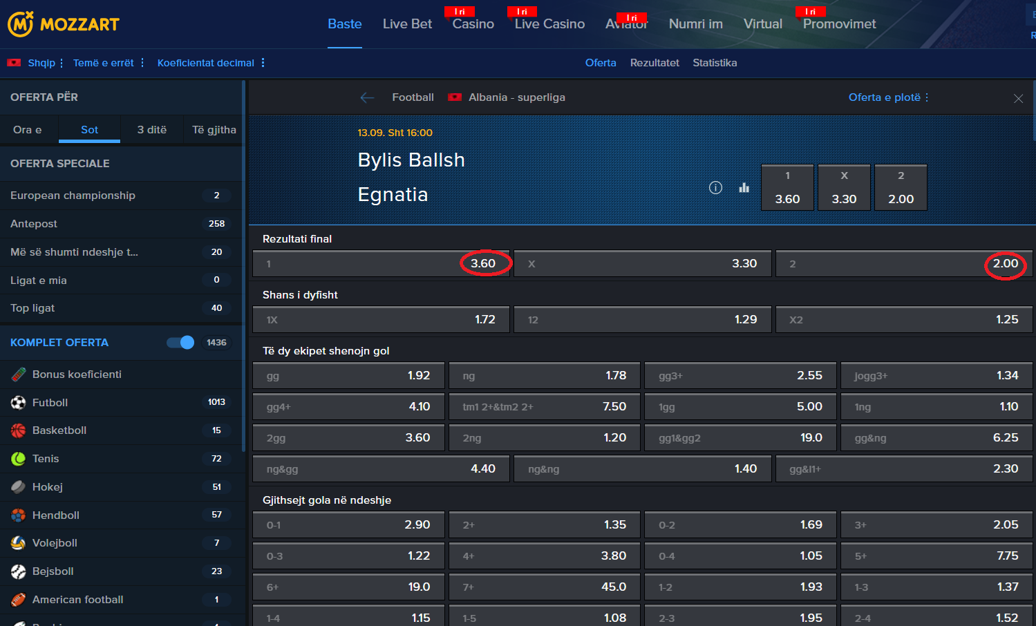 Bylis VS Egnatia koeficientët në Mozzartbet 13.09.2025