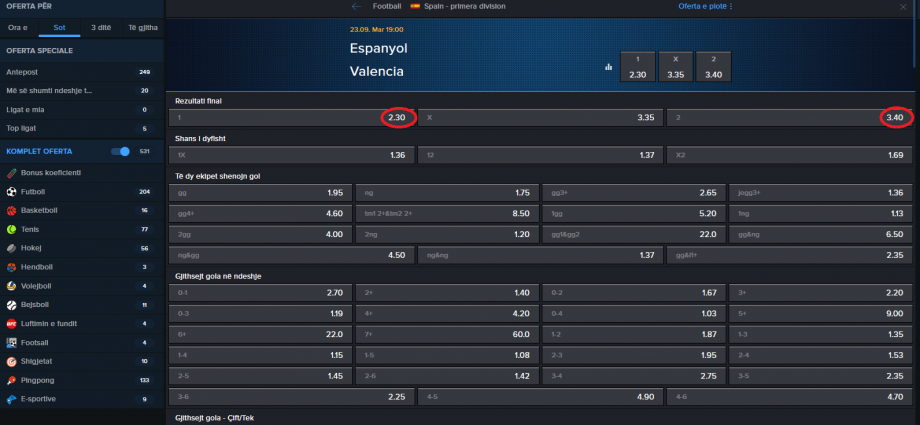 Espanyol VS Valencia koeficientët në Mozzartbet 23.09.2025