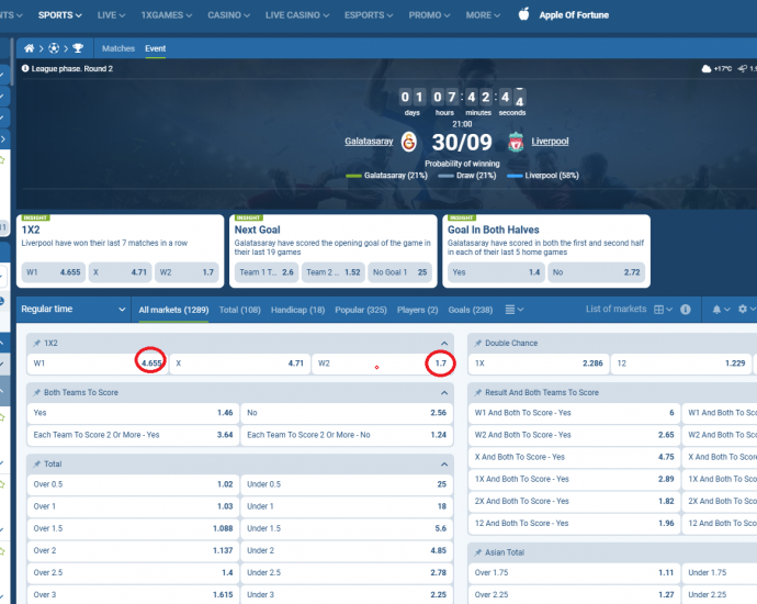 Galatasaray VS Liverpool koeficientët në 1xbet 30.09.2025
