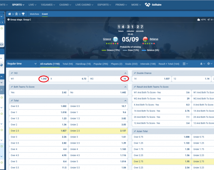 Greqia VS Bjellorusi koeficientët në 1xbet 05.09.2025