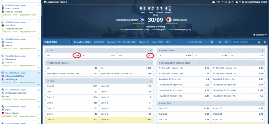 Inter VS Slavia Prague koeficientët në 1xbet 30.09.2025