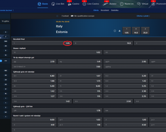 Itali VS Estoni koeficientët në Mozzartbet 05.09.2025