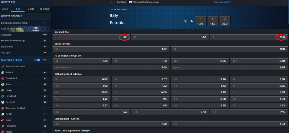 Itali VS Estoni koeficientët në Mozzartbet 05.09.2025