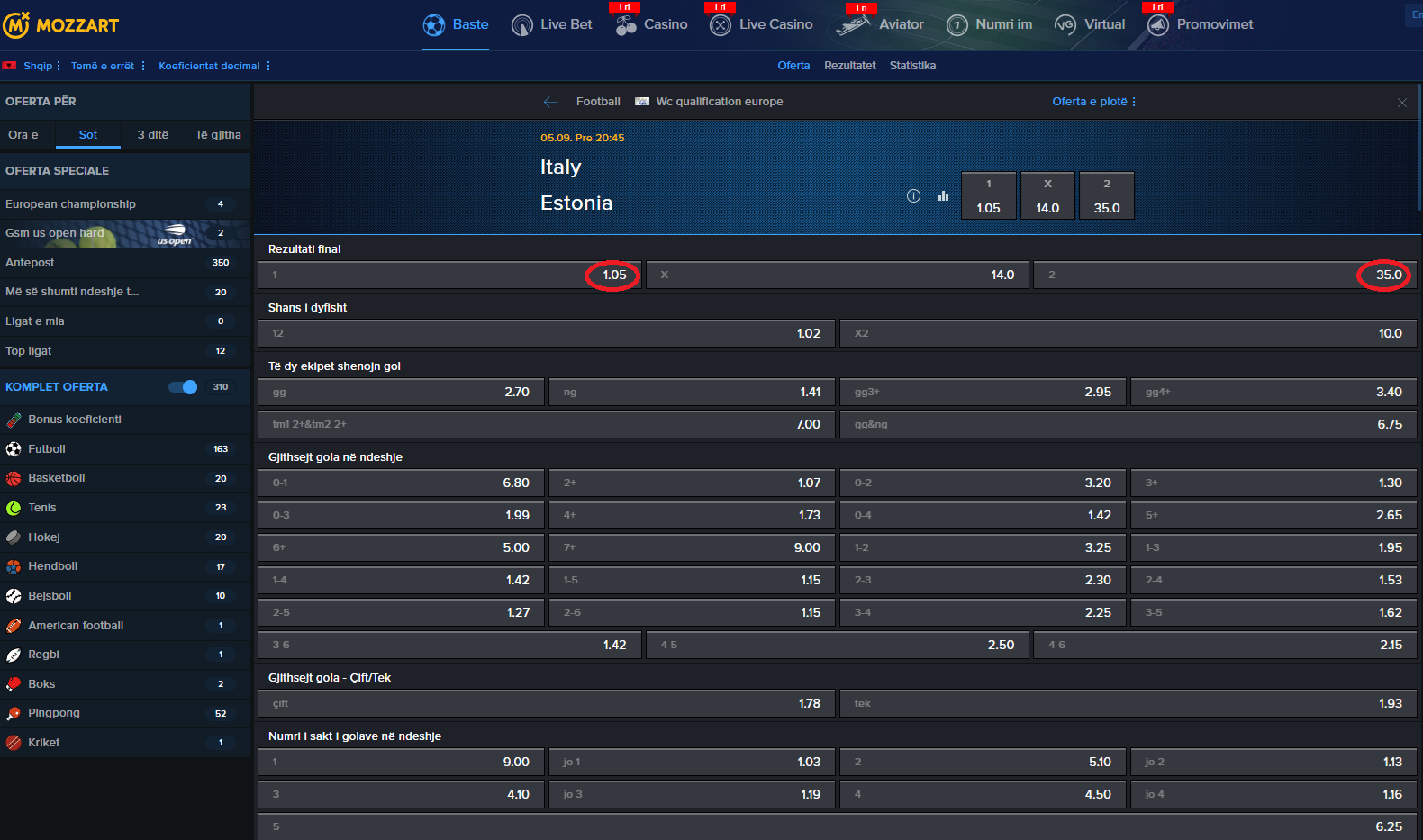 Itali VS Estoni koeficientët në Mozzartbet 05.09.2025