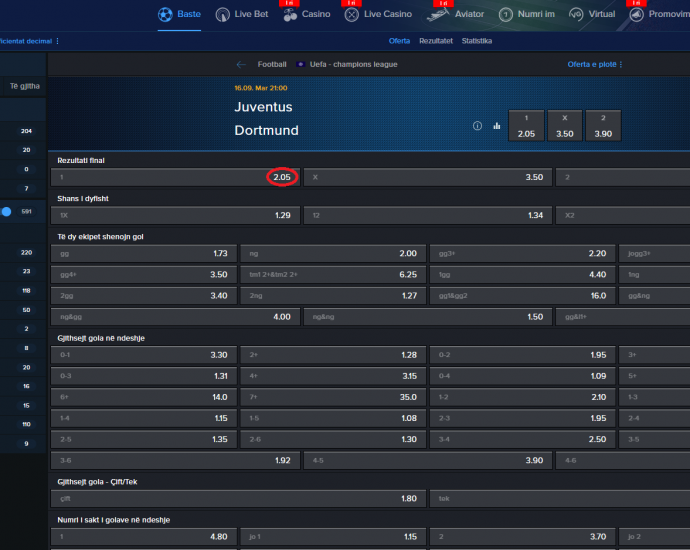 Juventus VS Dortmund koeficientët në Mozzartbet 16.09.2025