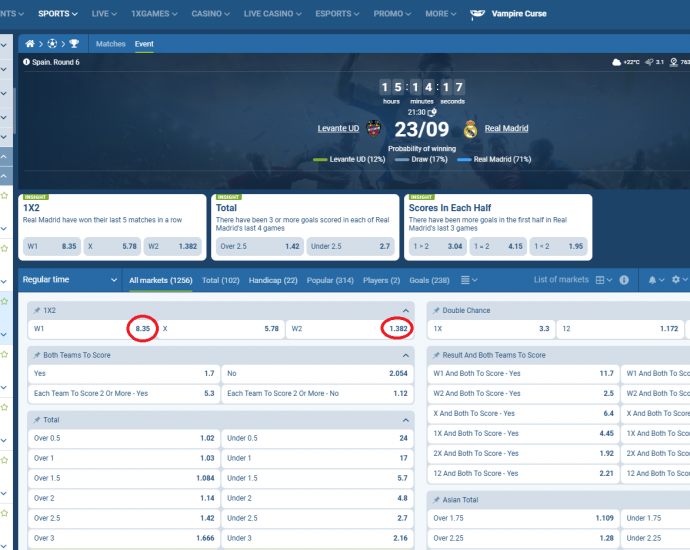 Levante VS Real Madrid koeficientët në 1xbet 23.09.2025