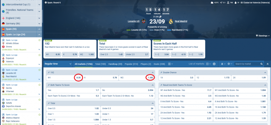 Levante VS Real Madrid koeficientët në 1xbet 23.09.2025