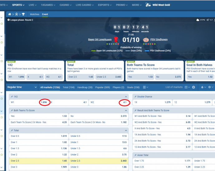 Bayer Leverkusen VS PSV koeficeintët në 1xbet 01.10.2025