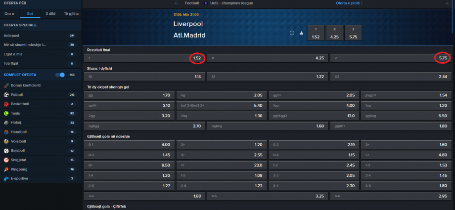 Liverpool VS Atl. Madrid koeficientët në Mozzartbet 17.09.2025