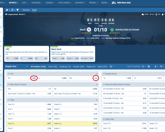 Napoli VS Sporting SP koeficientët në 1xbet 01.10.2025