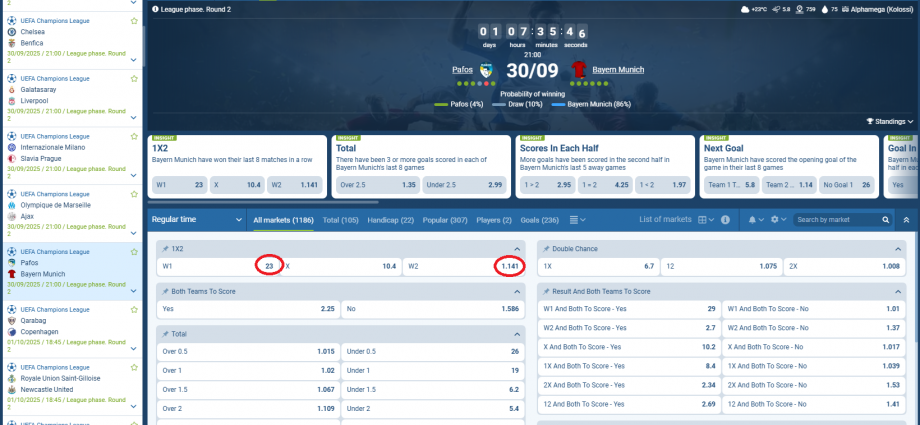 Pafos VS Bayern Munich koeficentët në 1xbet 30.09.2025