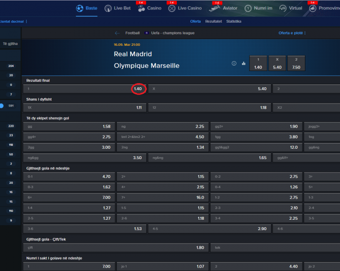 Real Madrid VS Marseille koeficientët në Mozzartbet 16.09.2025