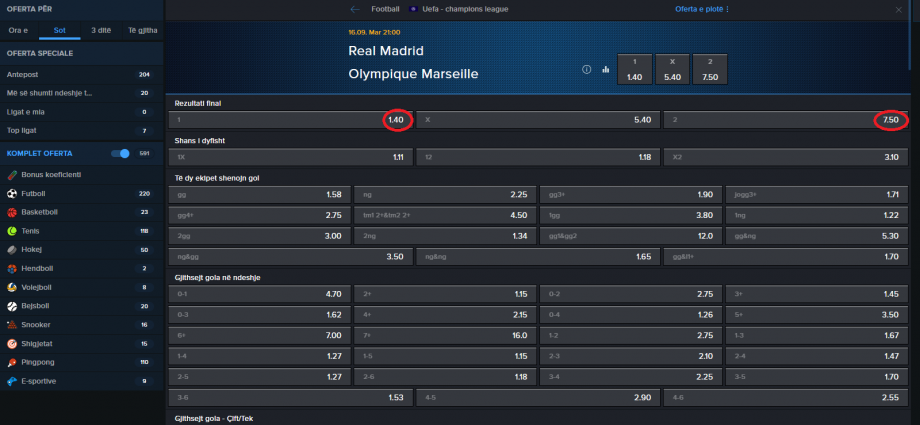 Real Madrid VS Marseille koeficientët në Mozzartbet 16.09.2025