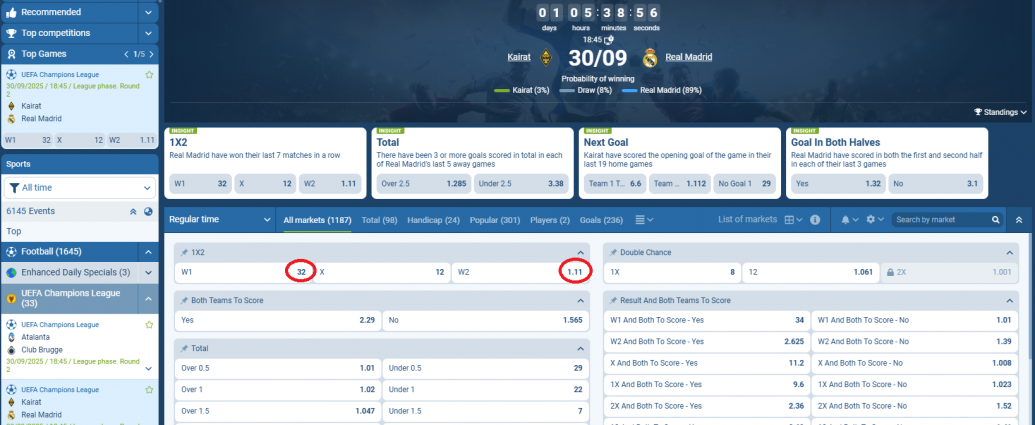 Kairat Almaty VS Real Madrid koeficientët në 1xbet 30.09.2025