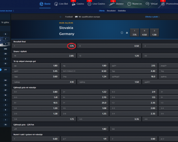 Sllovaki VS Gjermani koeficientët në Mozzartbet 04.09.2025