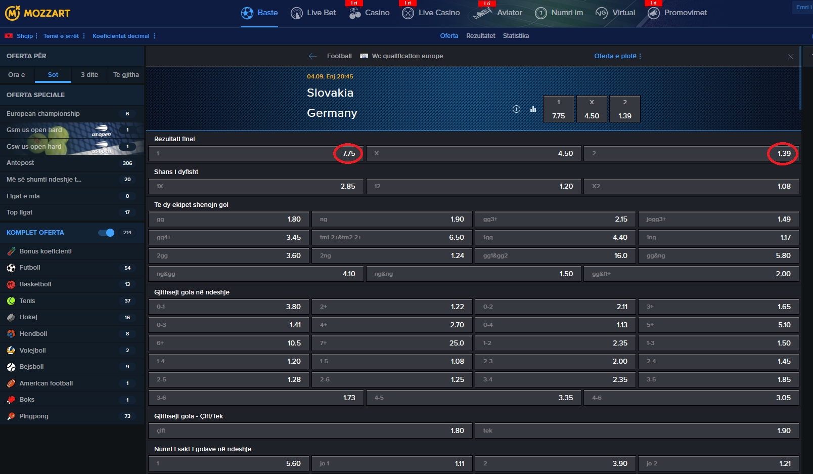 Sllovaki VS Gjermani koeficientët në Mozzartbet 04.09.2025