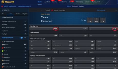 KF Tirana VS Flamurtari koeficientët në Mozzartbet 13.09.2025