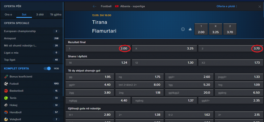 KF Tirana VS Flamurtari koeficientët në Mozzartbet 13.09.2025
