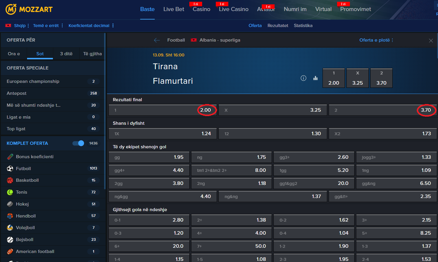 KF Tirana VS Flamurtari koeficientët në Mozzartbet 13.09.2025