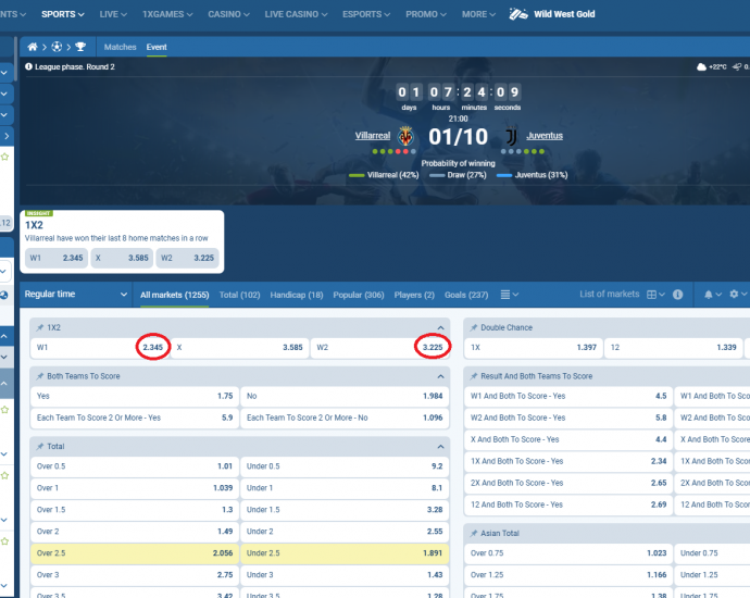 Villarreal VS Juventus koeficientët në 1xbet 01.10.2025