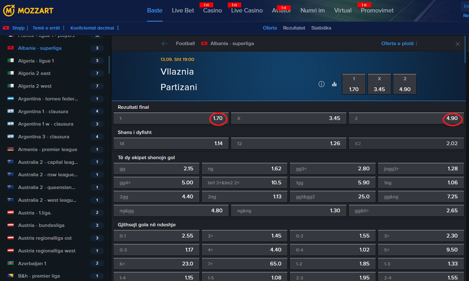 Vllaznia VS Partizani koeficientët në Mozzartbet 13.09.2025