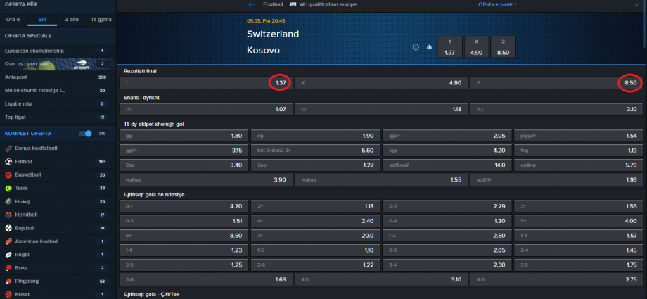 Zvicër VS Kosova koeficientët në Mozzartbet 05.09.2025