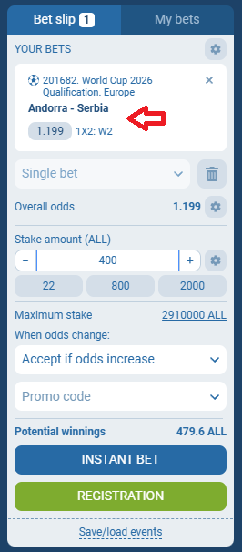 Andorra VS Serbia koeficientët në 1xbet 14.10.2024