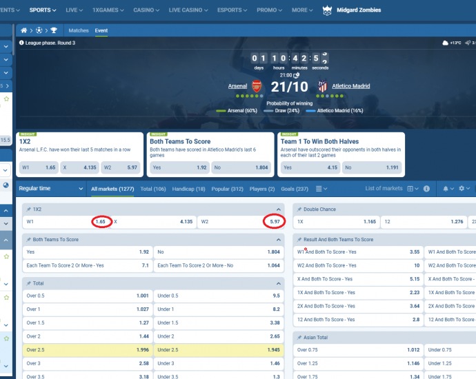 Arsenal VS Atl Madrid koeficientët në 1xbet 21.10.2025