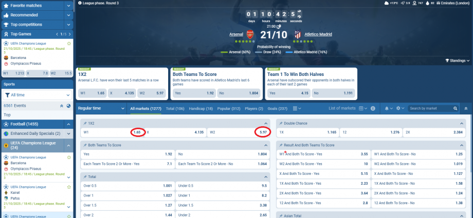 Arsenal VS Atl Madrid koeficientët në 1xbet 21.10.2025