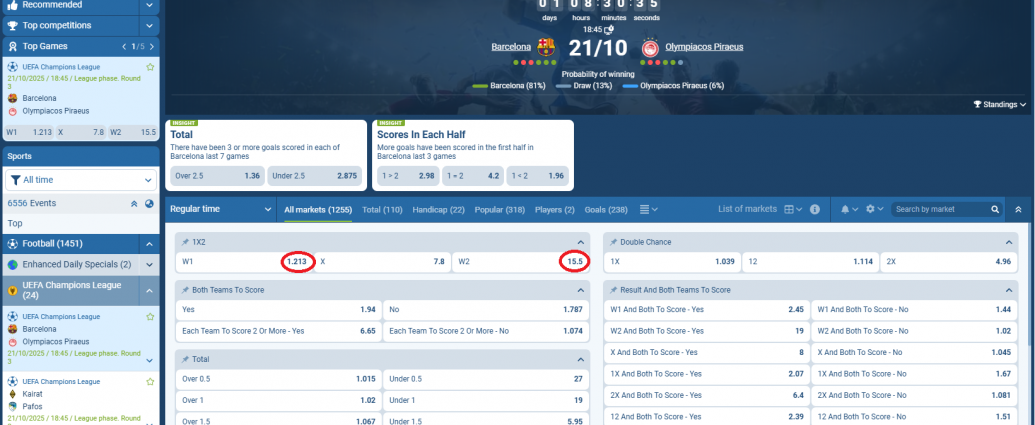 Barcelona VS Olympiacos Pireaus koeficientët në 1xbet 21.10.2025