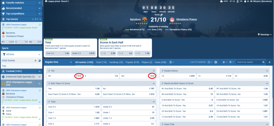 Barcelona VS Olympiacos Pireaus koeficientët në 1xbet 21.10.2025