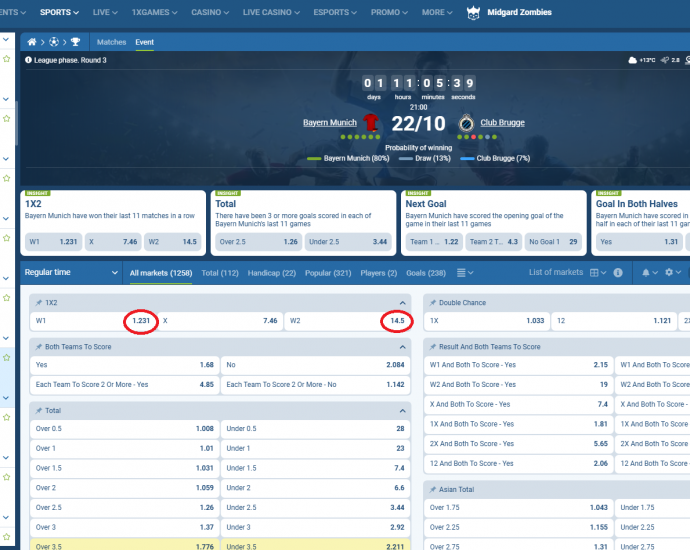 Bayern Munich VS Clube Brugge KV koeficientët në 1xbet 22.10.2025