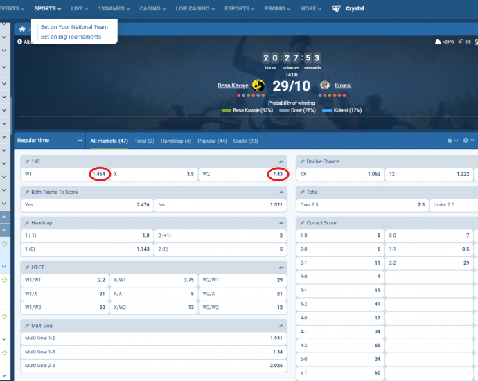 Besa Kavajë VS Kukësi koeficientët në 1xbet 29.10.2025