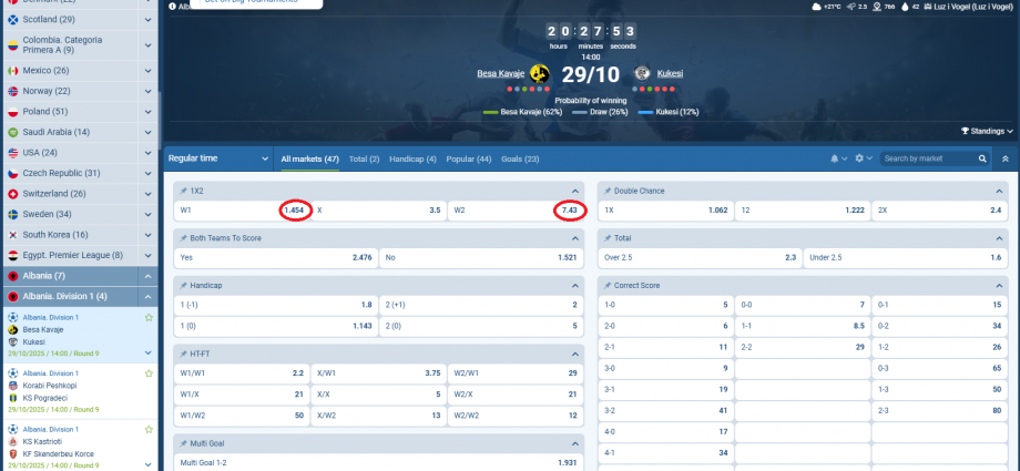 Besa Kavajë VS Kukësi koeficientët në 1xbet 29.10.2025