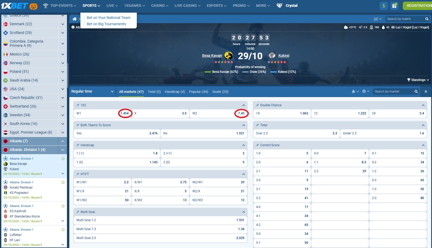 Besa Kavajë VS Kukësi koeficientët në 1xbet 29.10.2025