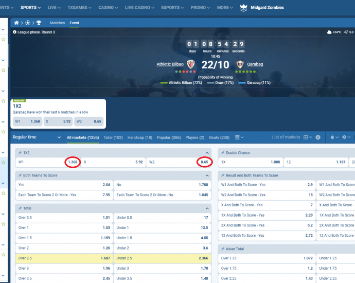 Athletic Bilbao VS Qarabag koeficientët në 1xbet 22.10.2025