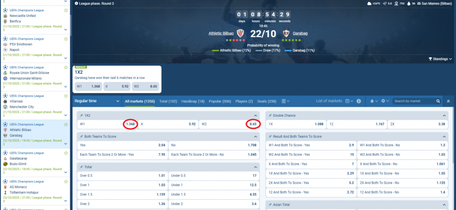 Athletic Bilbao VS Qarabag koeficientët në 1xbet 22.10.2025