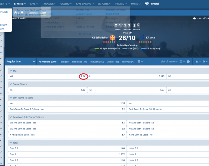 Bylis VS Vora koeficientët në 1xbet 28.10.2025