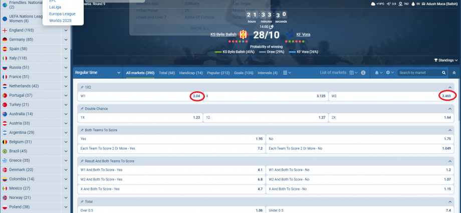 Bylis VS Vora koeficientët në 1xbet 28.10.2025