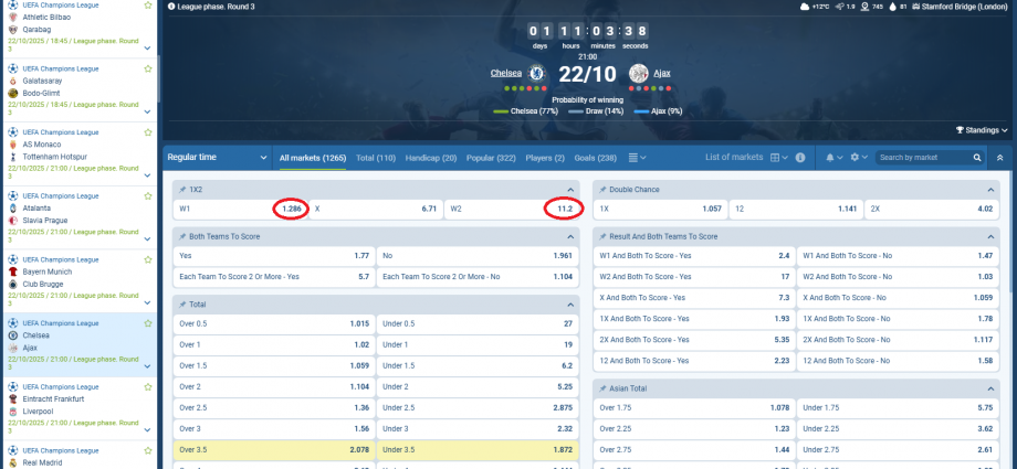 Chelsea VS Ajax koeficientët në 1xbet 22.10.2025