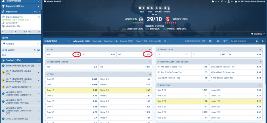 Dinamo VS Partizani koeficientët në 1xbet 29.10.2025